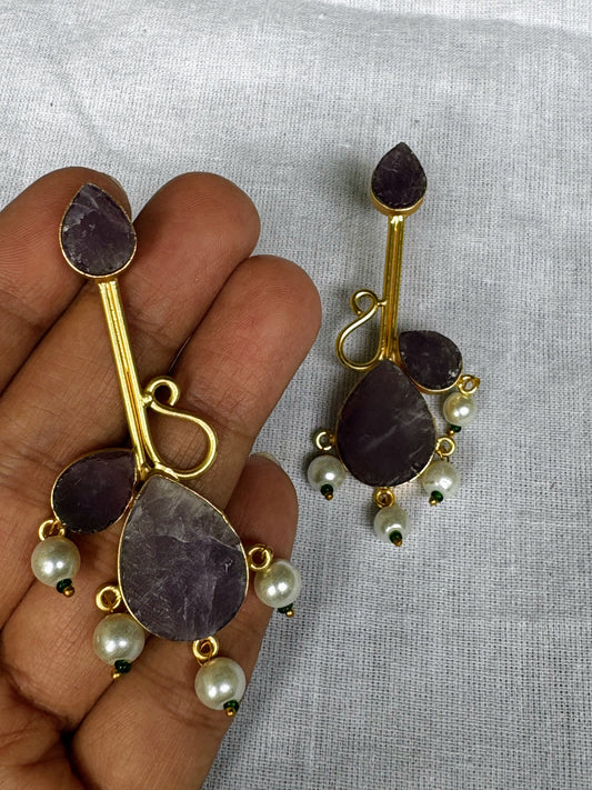 Lavender druzy stones gold tone earrings with pearl drops