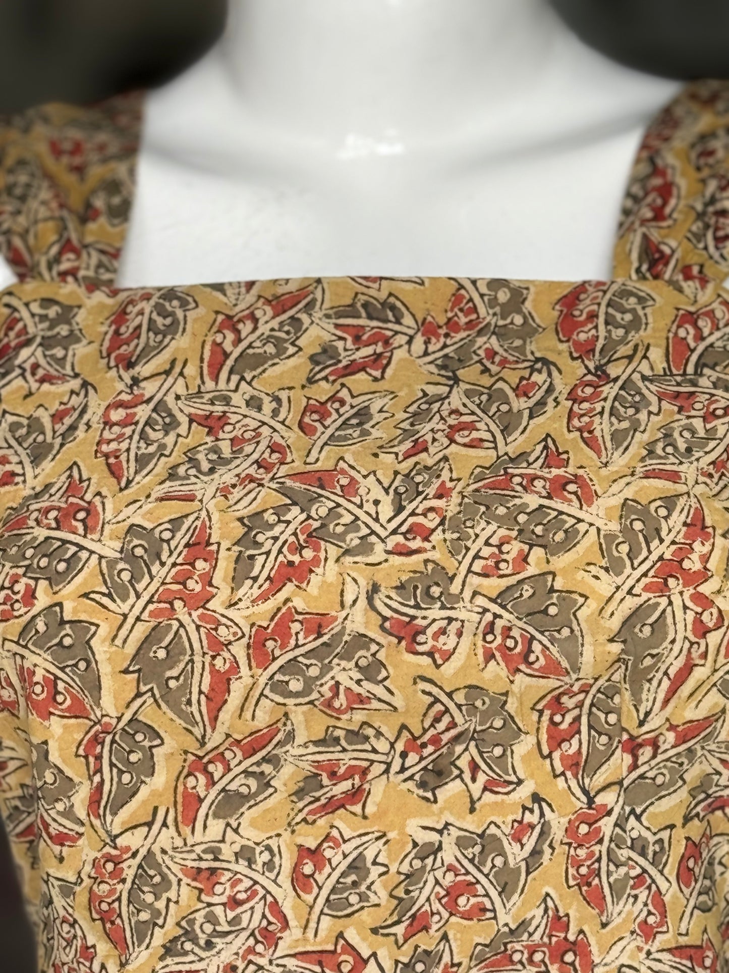 Olive green leaves hand block printed kalamkari cotton crop top / blouse