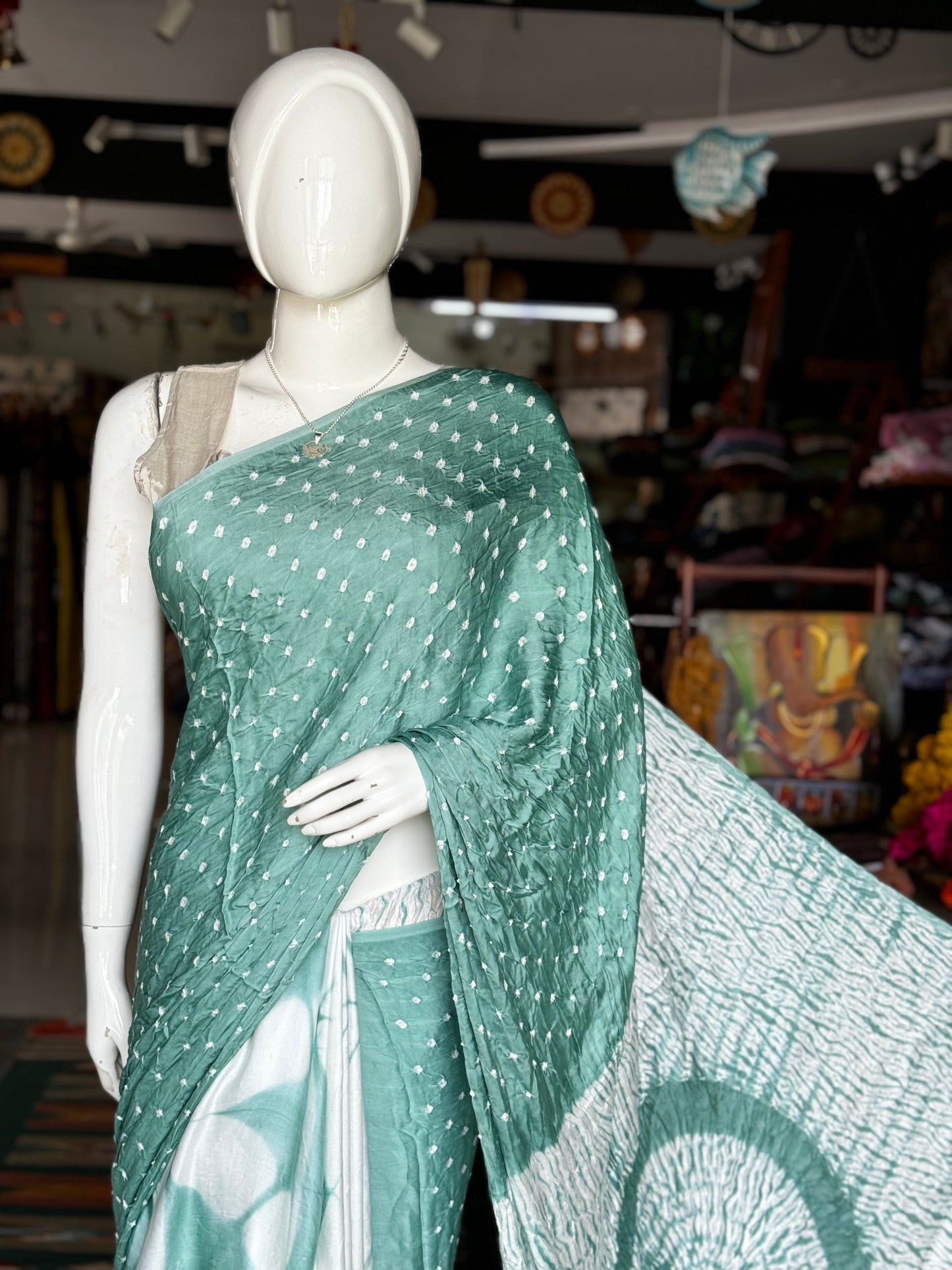 Mix of 3 beautiful crafts - bandini, shibori, clamp dyed soft modal saree in shades of sea green