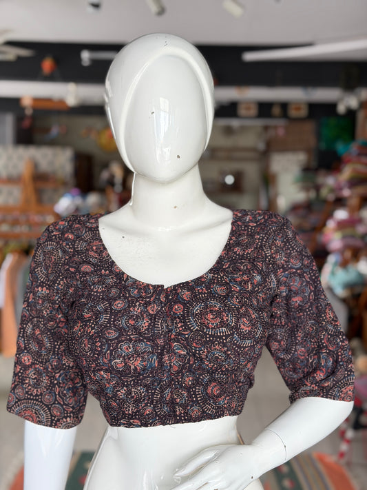 Black Ajrakh handblock printed cotton Hakoba front open blouse