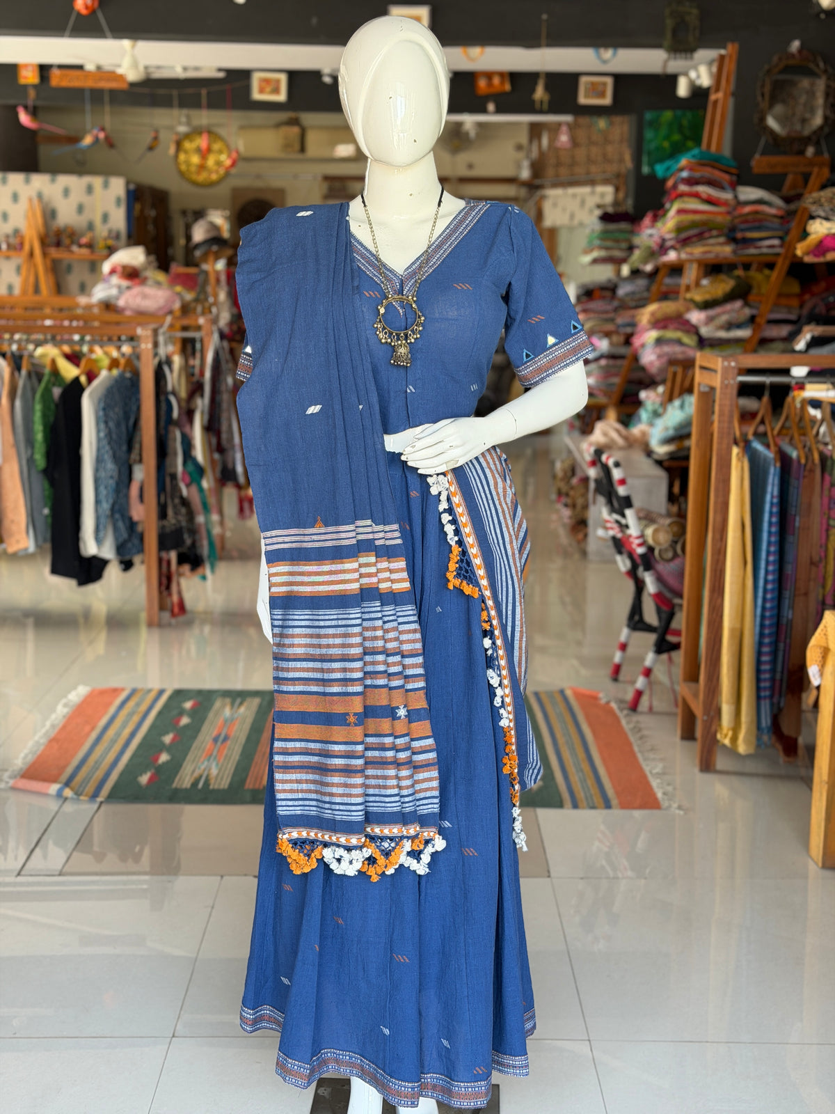 Indigo Bhujodi kala cotton handloom blouse with mirror work on sleeves and back