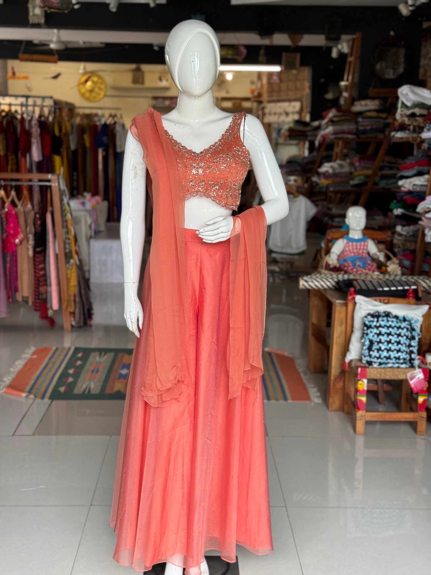 Rust orange hand embroidered georgette blouse top, organza plazo and georgette dupatta - 3 piece set