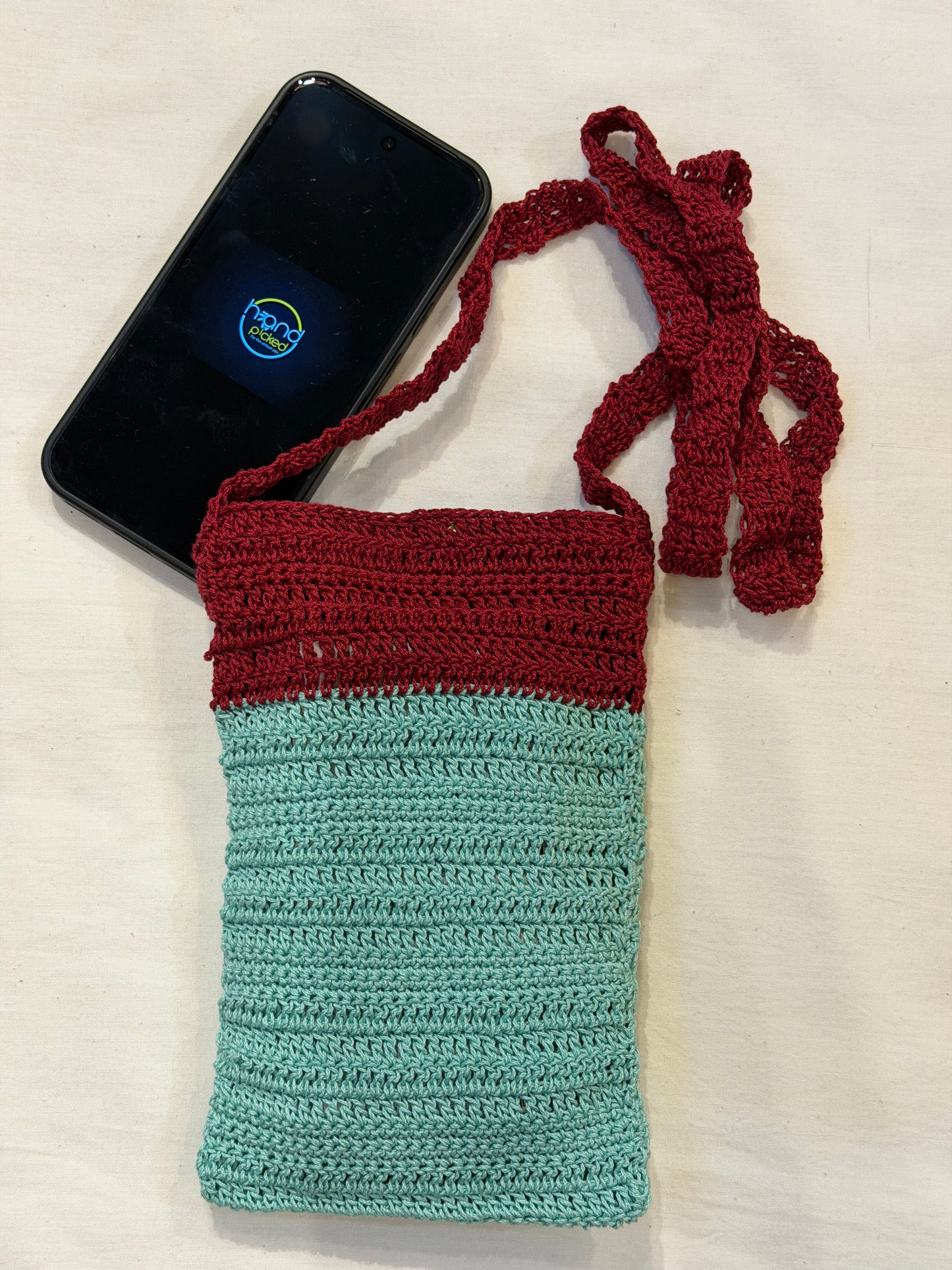 Sling bag for mobile phones - handcrafted crochet bag with click button closure - color options available