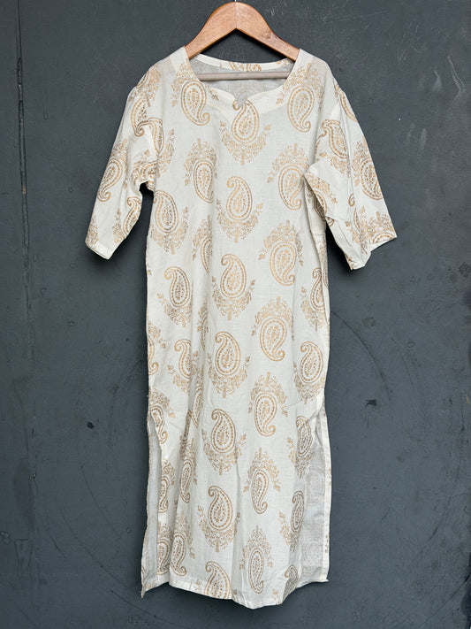 White cotton straight cut Kurti for girls - golden paisleys