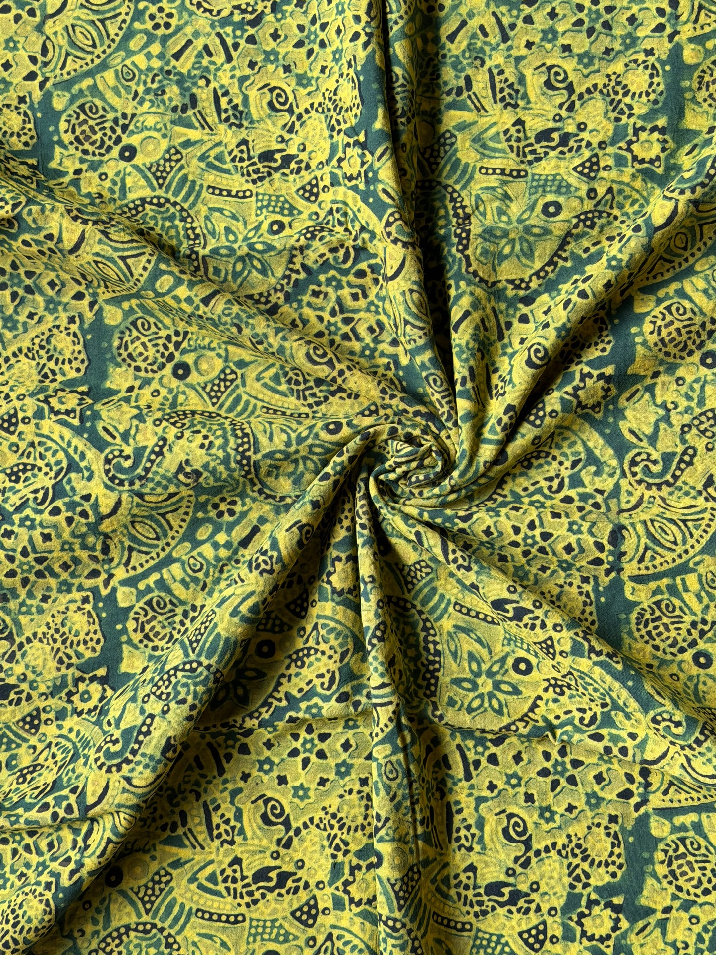 Yellow green cotton fabric with Ajrakh hand block prints