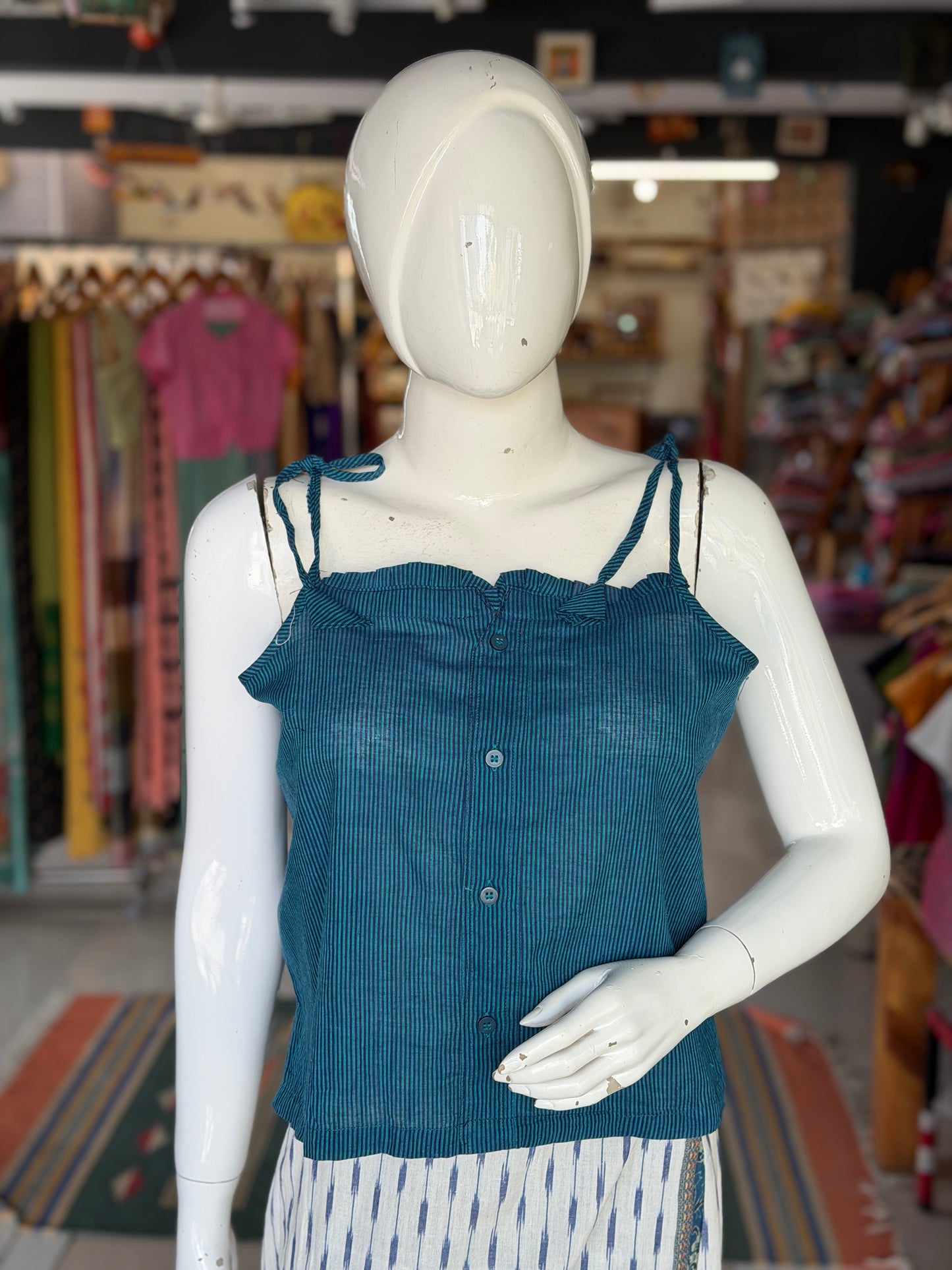 Turquoise n blue stripes cotton noodle straps top