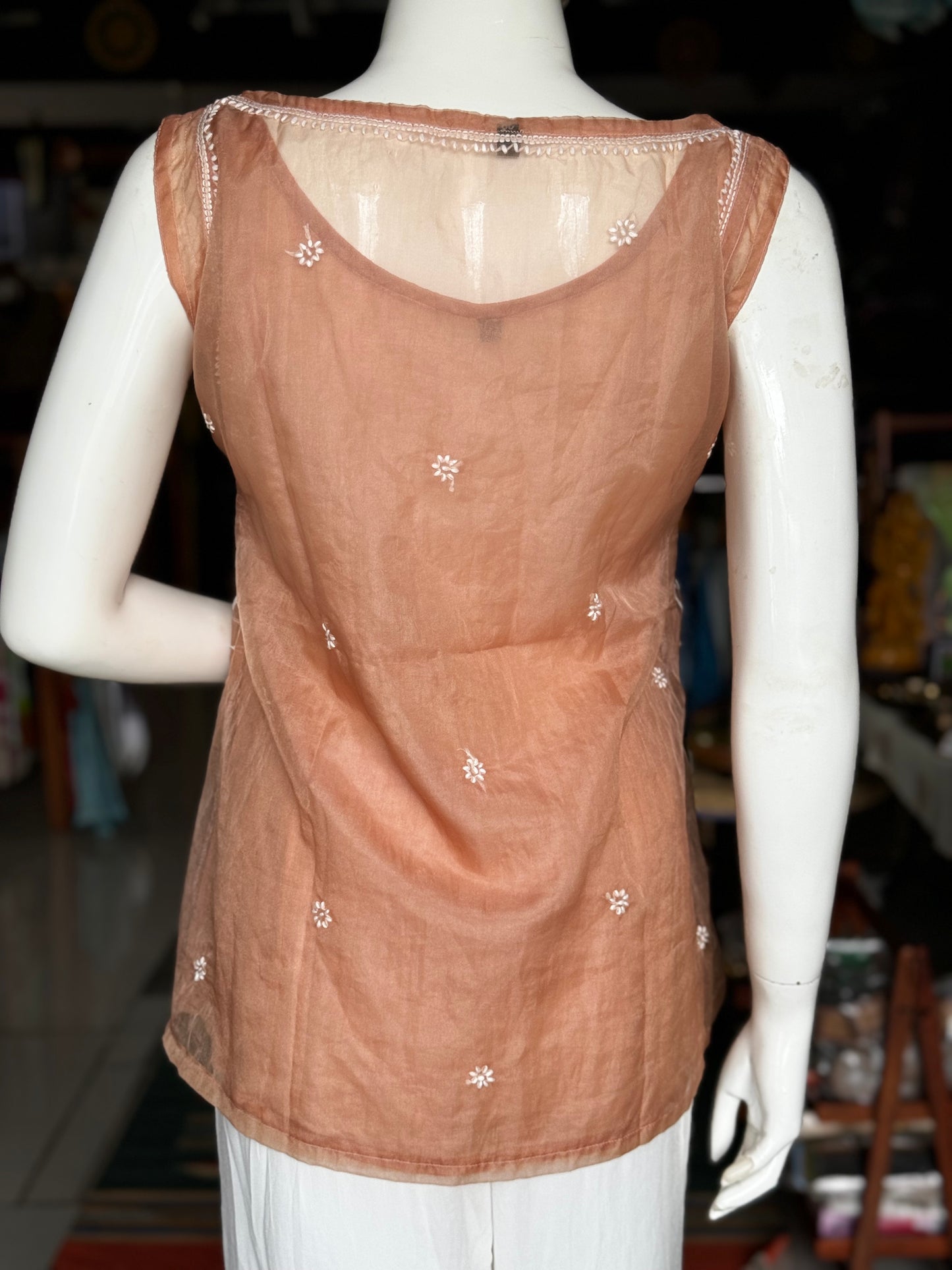 Light brown organza sleeveless top with Chikankari hand embroidery