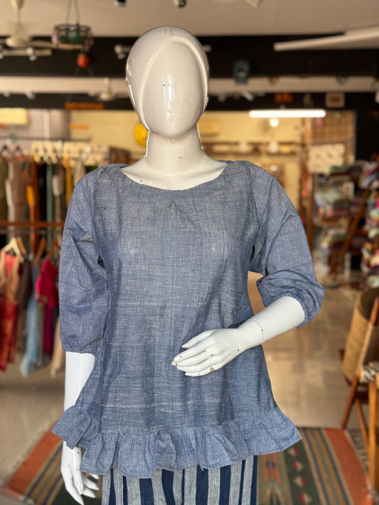Blueish grey cotton handloom top with frills at hem