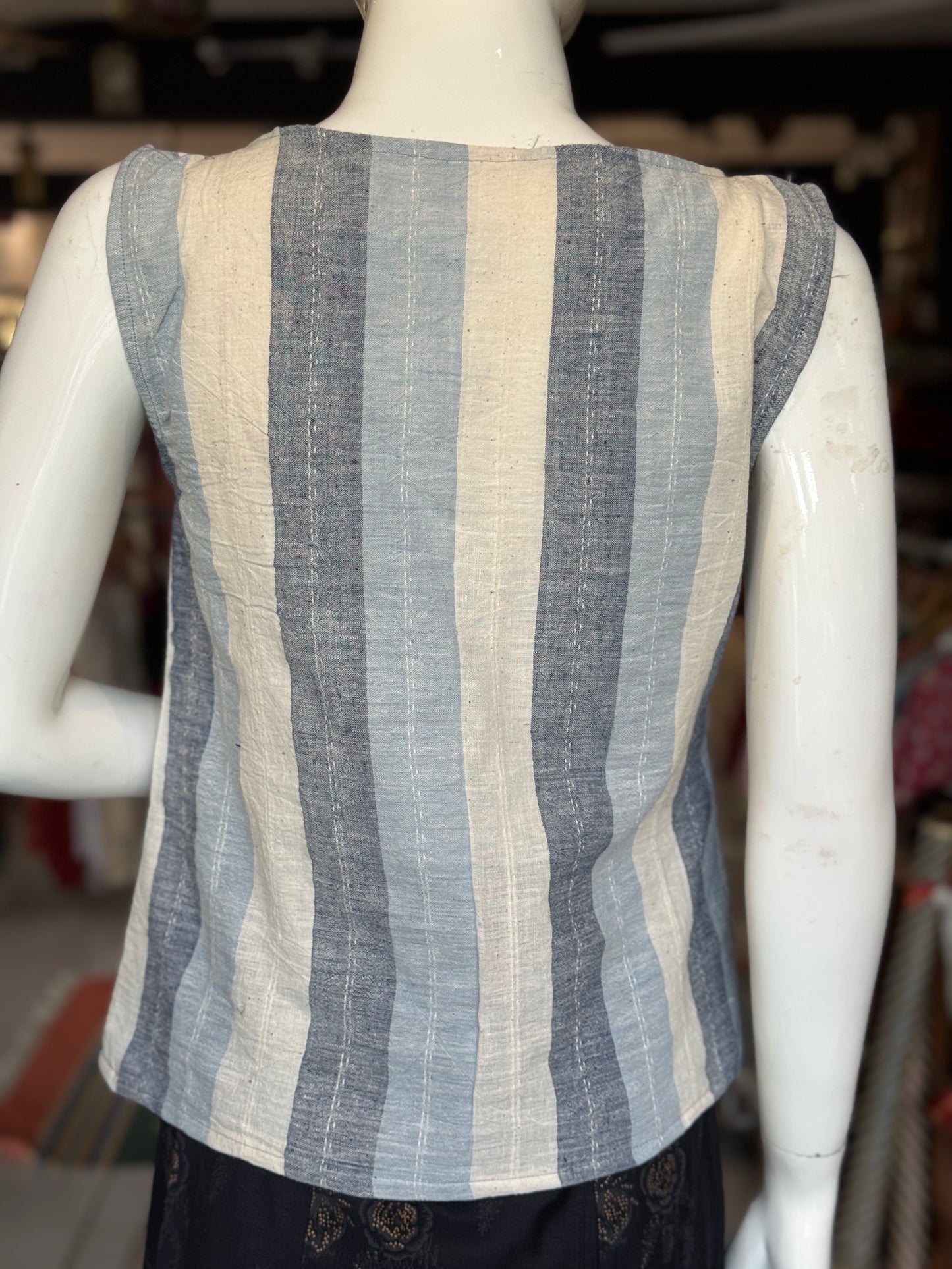 Blue and Off white stripes kala cotton, handwoven top with pleated front and boat neck
