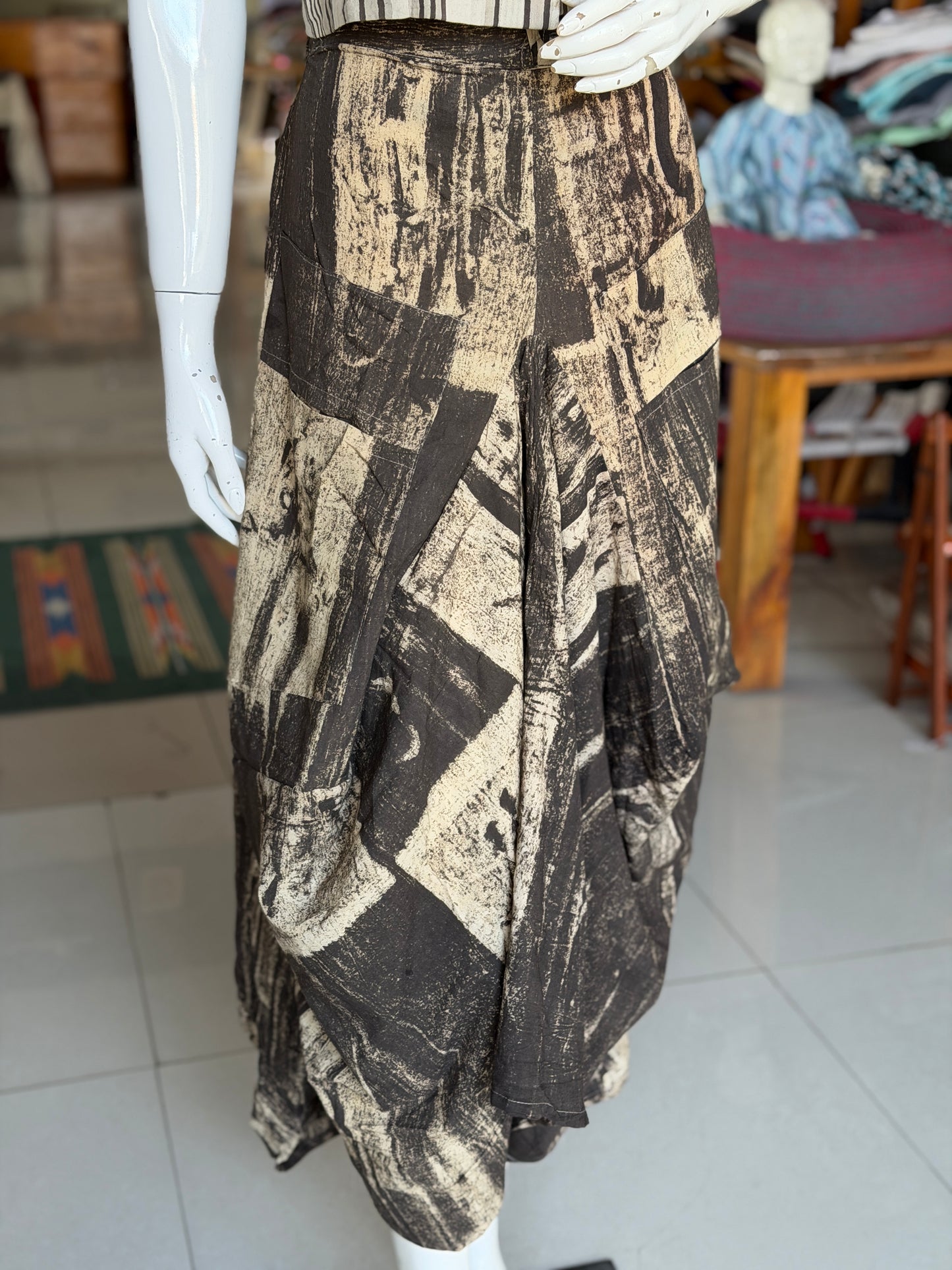 Black and beige Ajrakh natural dyed, hand block printed cotton designer skirt - with pockets