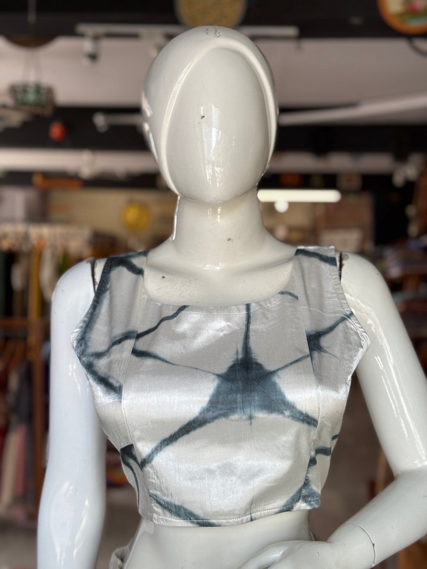 Clamp dyed white and grey modal sleeveless blouse