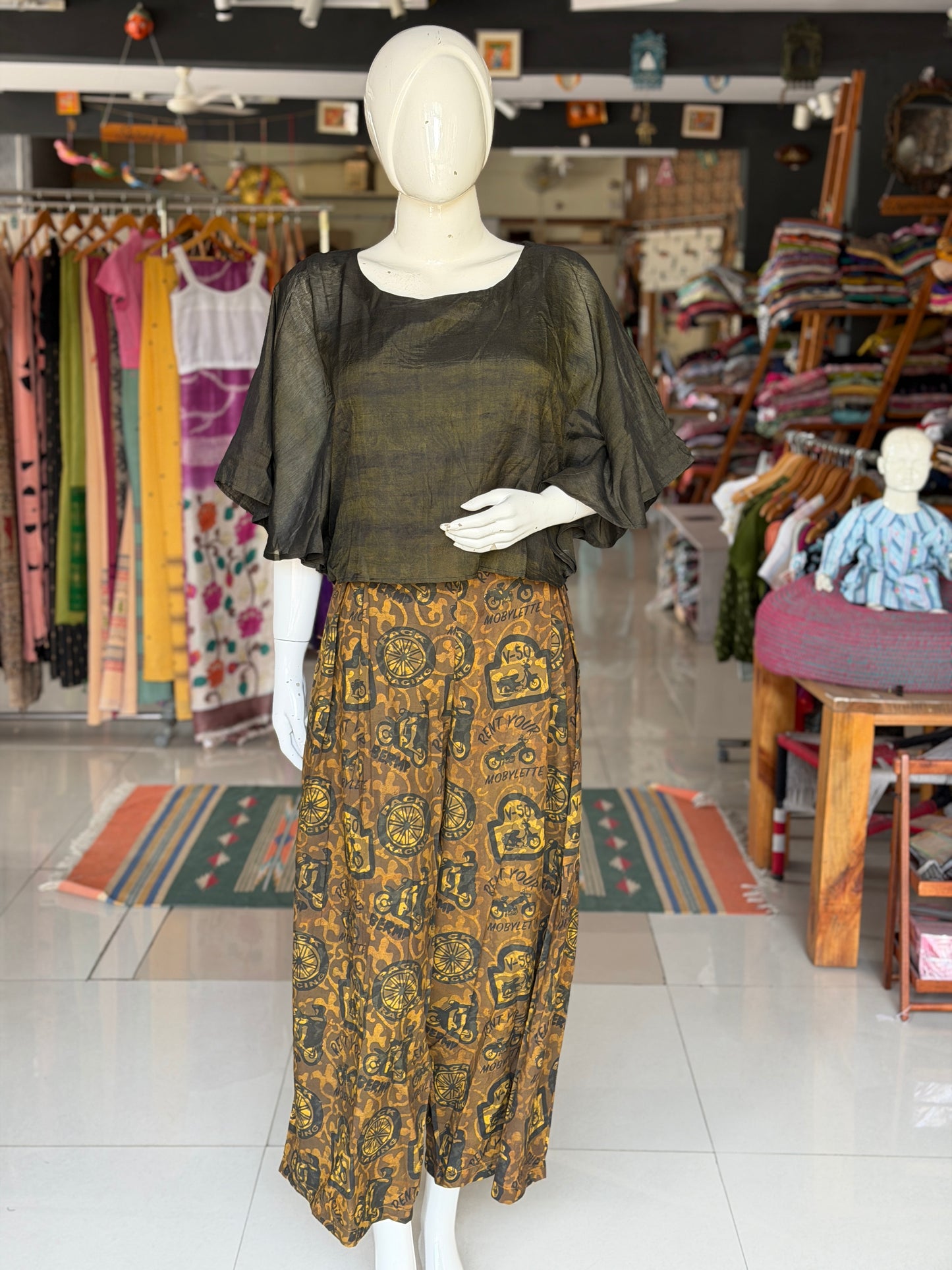 Moss green racing scooters hand block printed cotton barrel pants - double dabu print