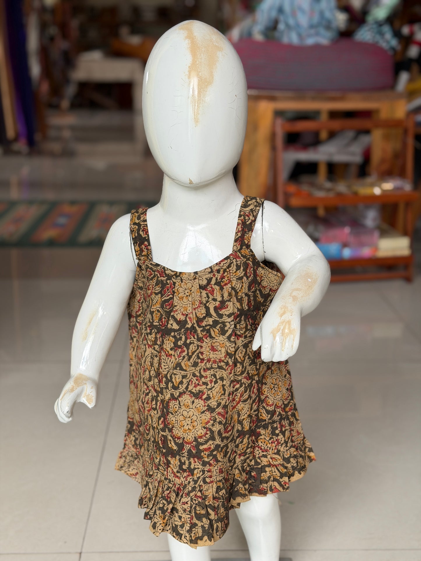 Kalamkari green hand block printed spaghetti frock for little girls