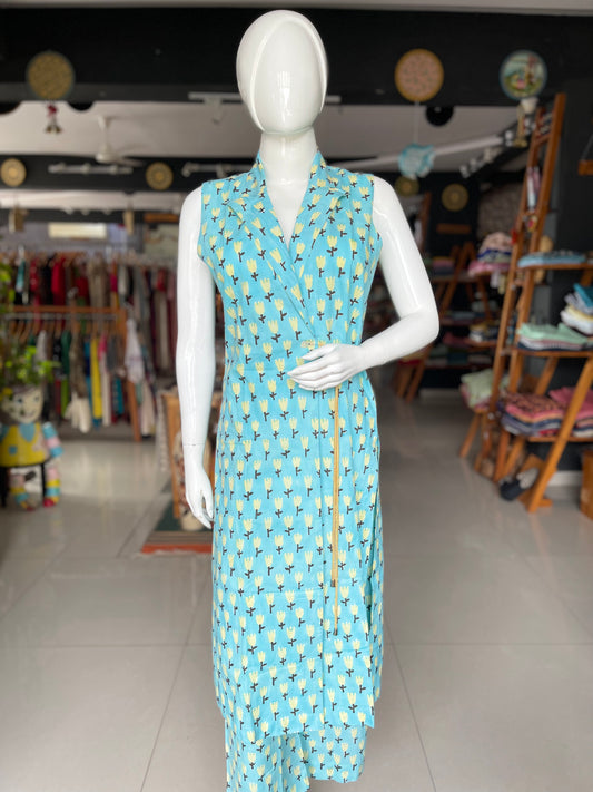 Light blue floral hand block printed collared wrap kurta and pants coord set