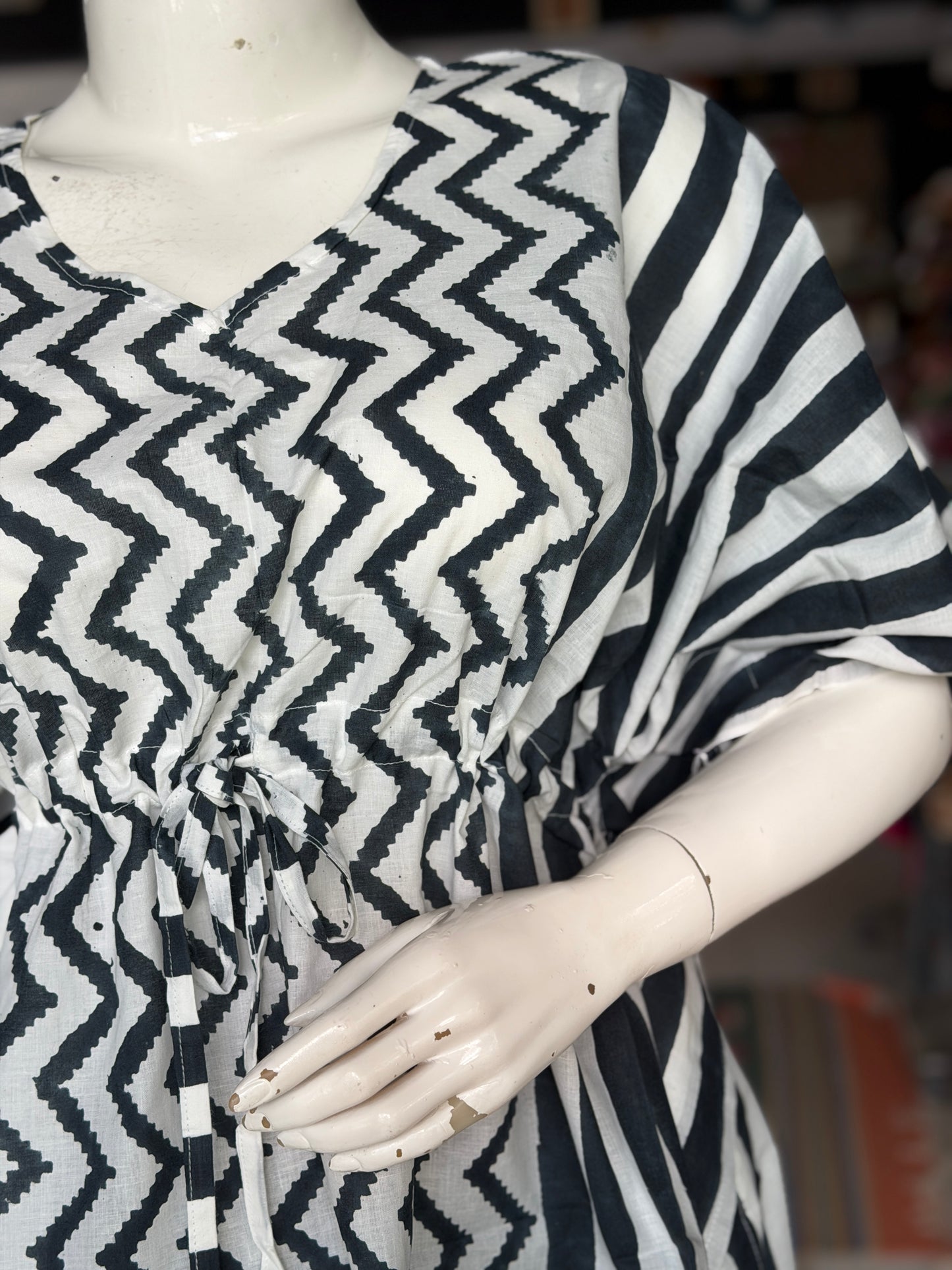 White black Kaftan top in cotton hand block prints and plain cotton pants - 2 piece set