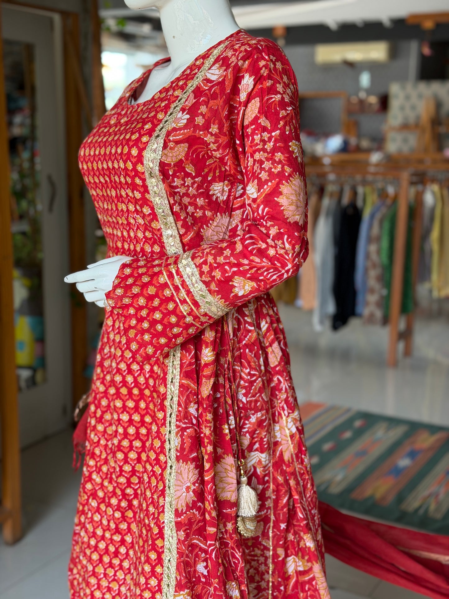 Red floral hand block print with lace detailing flared kurti, pants and dupatta - 3 piece set