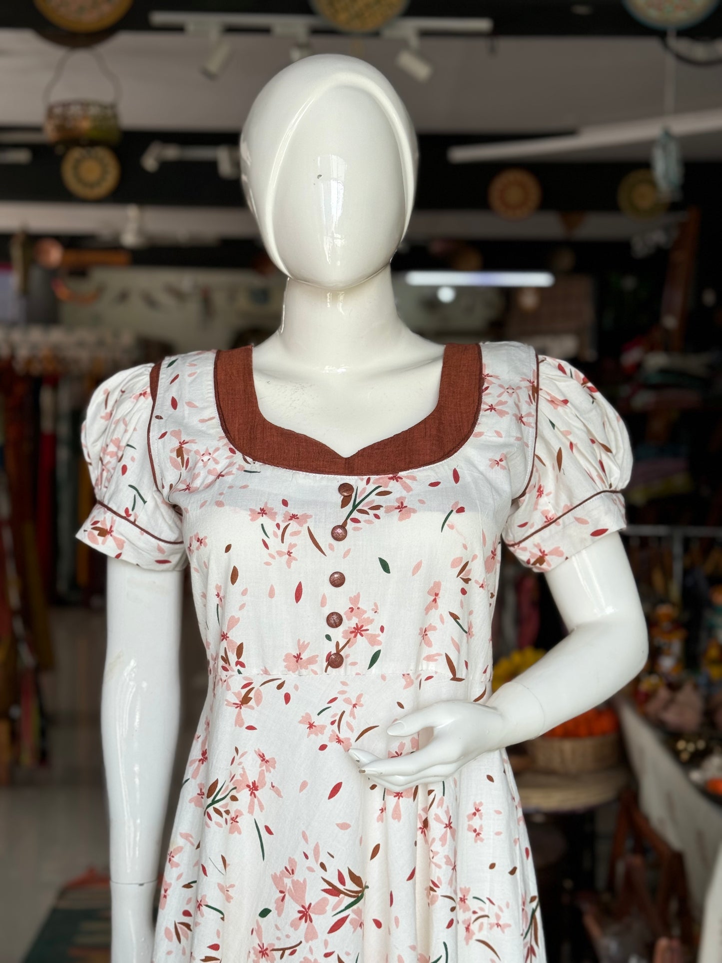 White floral printed handwoven cotton dress in vintage look