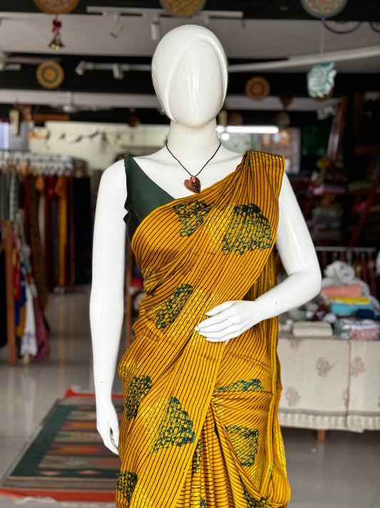 Mustard yellow soft and flowy modal yardage saree with Ajrakh block prints