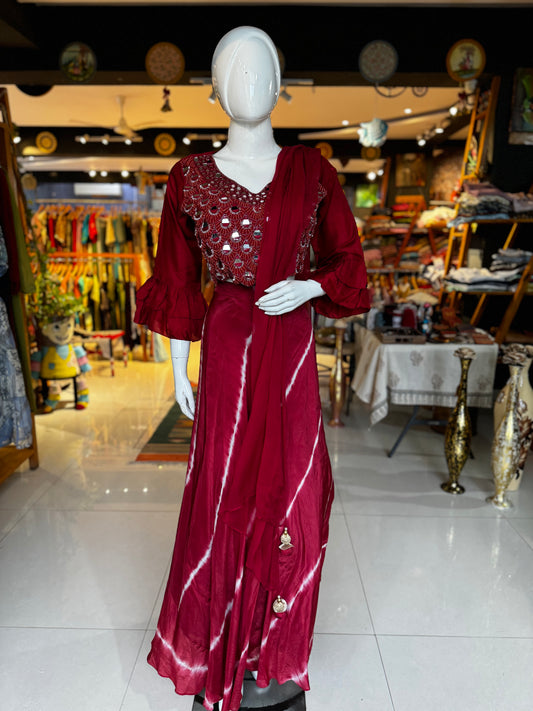 Maroon lehariya print lehenga, mirror embroidered crop top and dupatta - 3 piece set