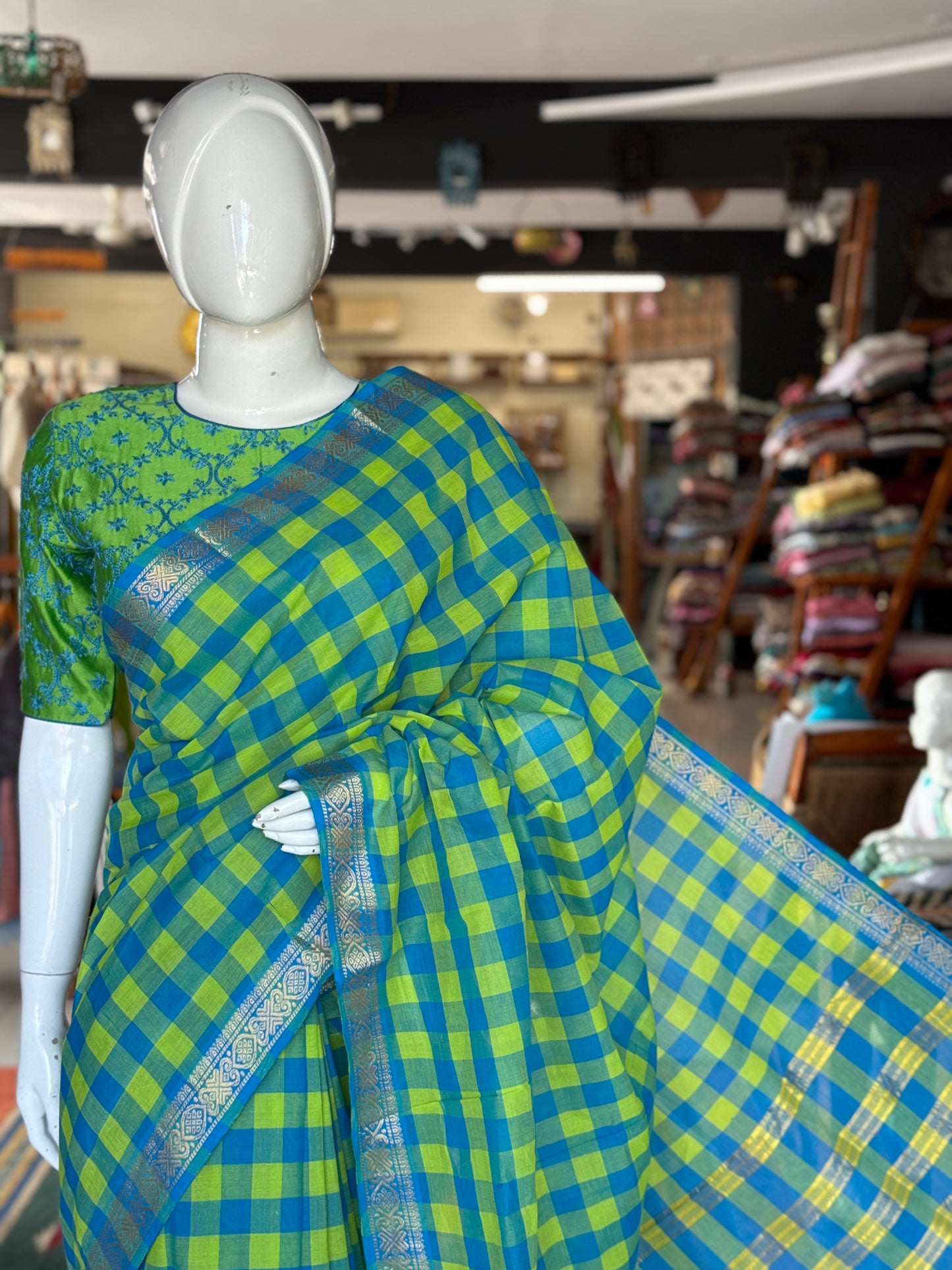 Blue green checks Chettinad cotton handloom saree