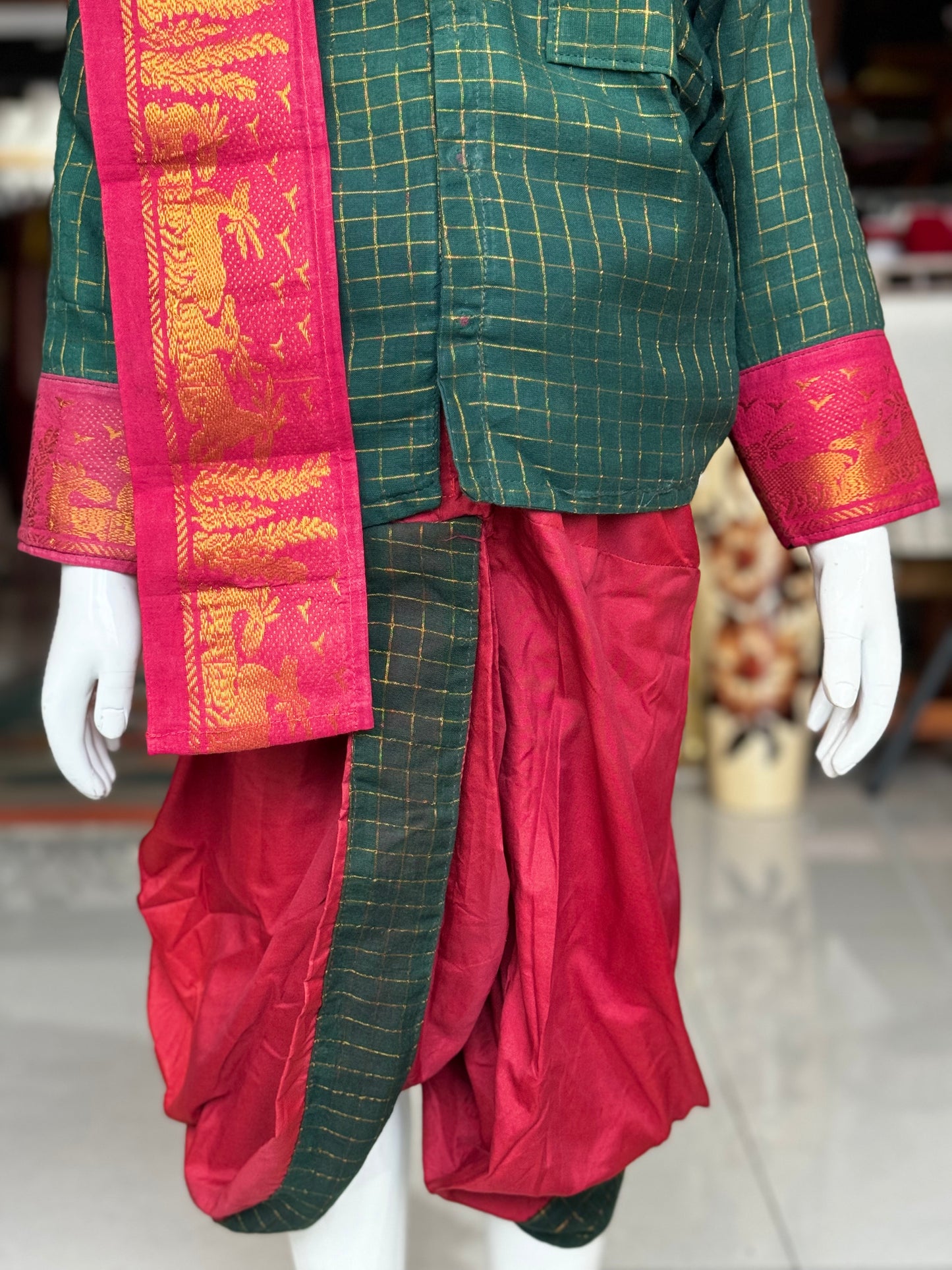 Green and maroon cotton shirt, dhoti pants and kanduva set for boys