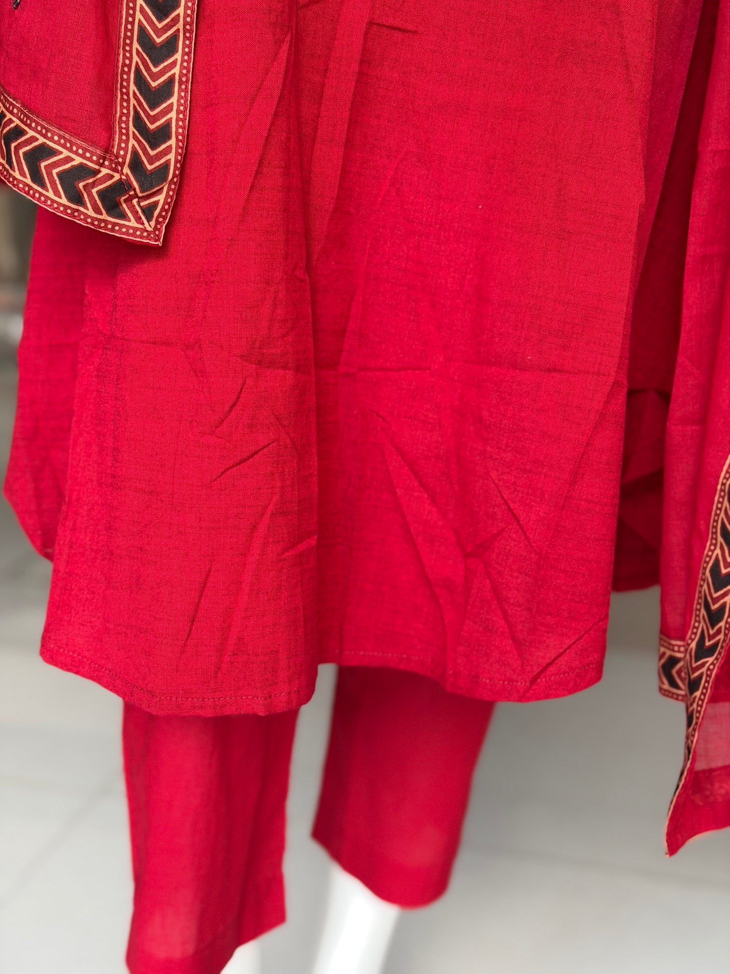 Red patch work a-line kurti, pants and dupatta - 3 piece set with pocket detailing