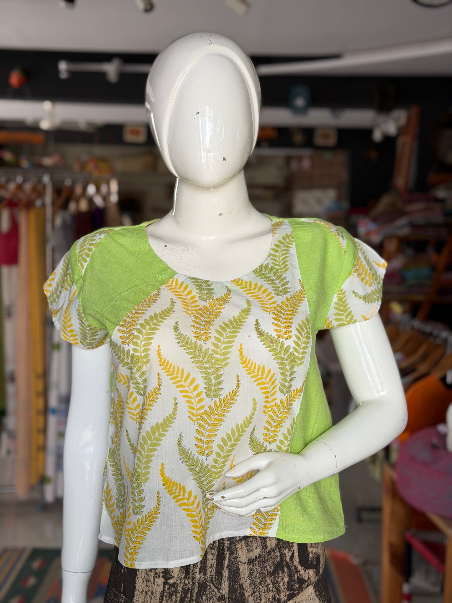 White and green hand block printed cotton top with lime green handloom cotton patches