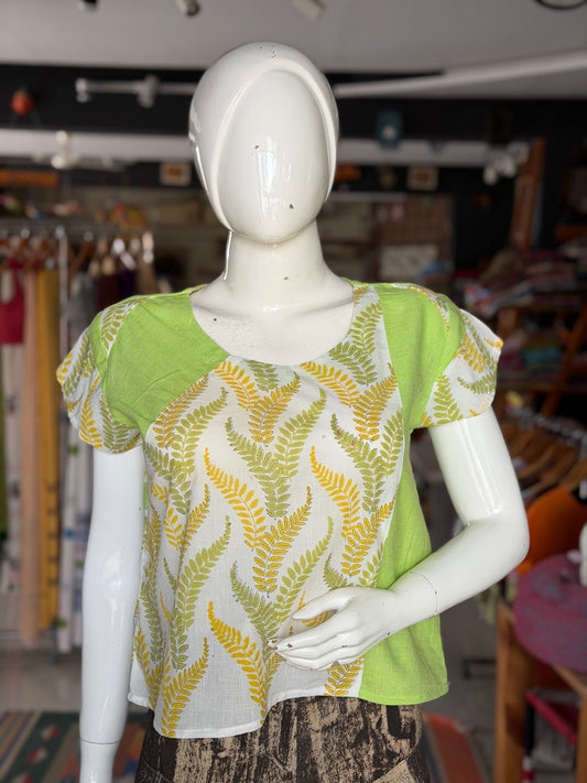 White and green hand block printed cotton top with lime green handloom cotton patches
