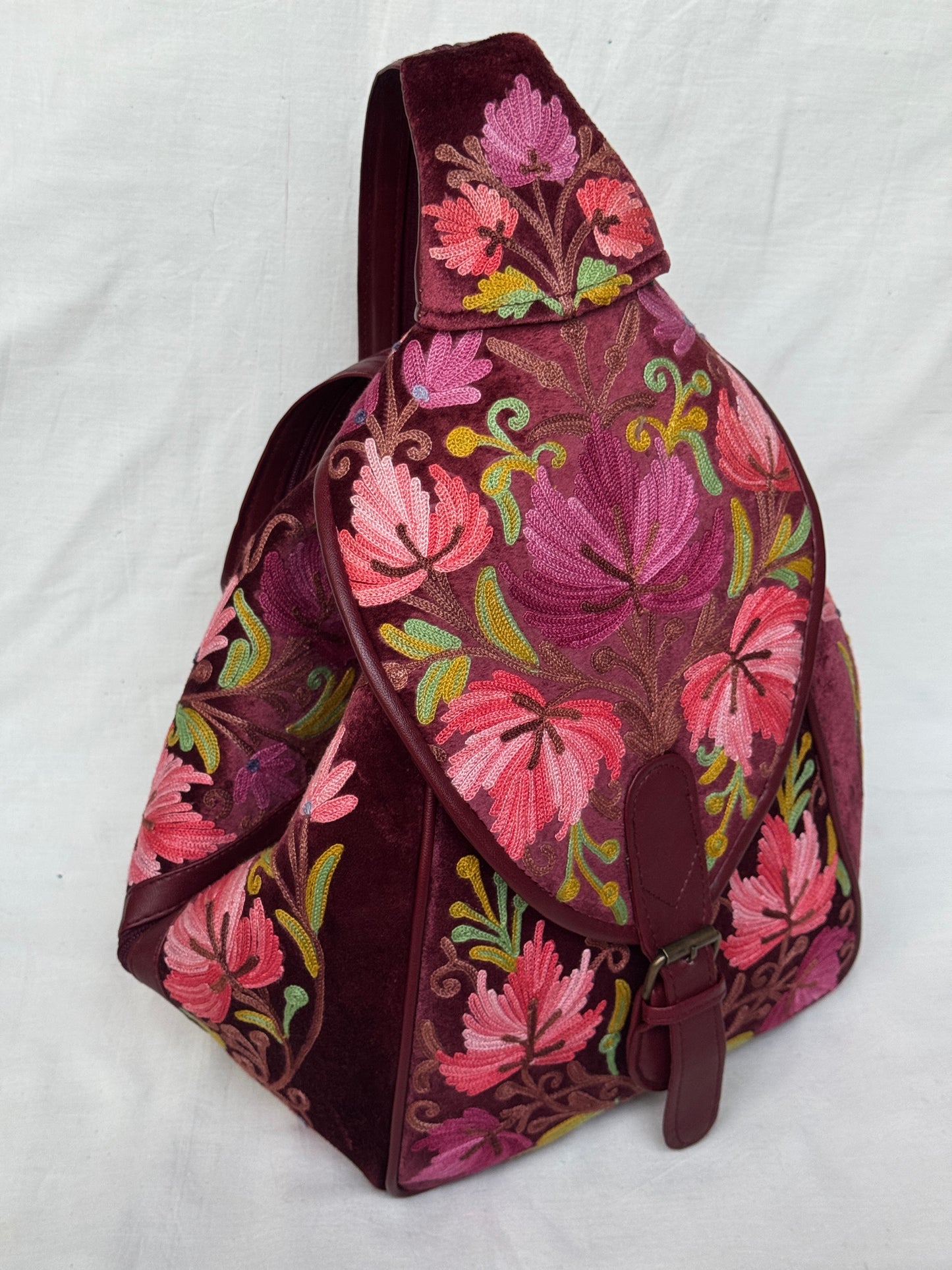Kashmiri floral Aari embroidered back pack cum bag with adjustable length strap