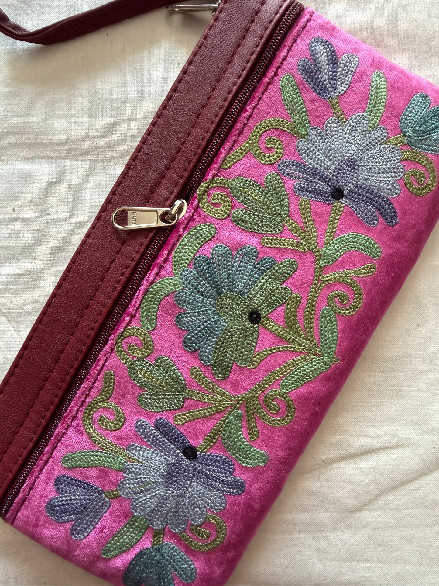 Wristlet pouch with Kashmiri floral Aari embroidery - 3 zippers - color options available