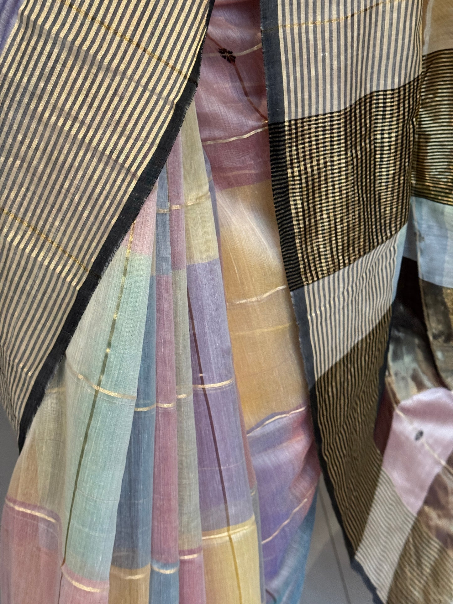 Multi color star buti stripes silk cotton Maheshwari handloom saree