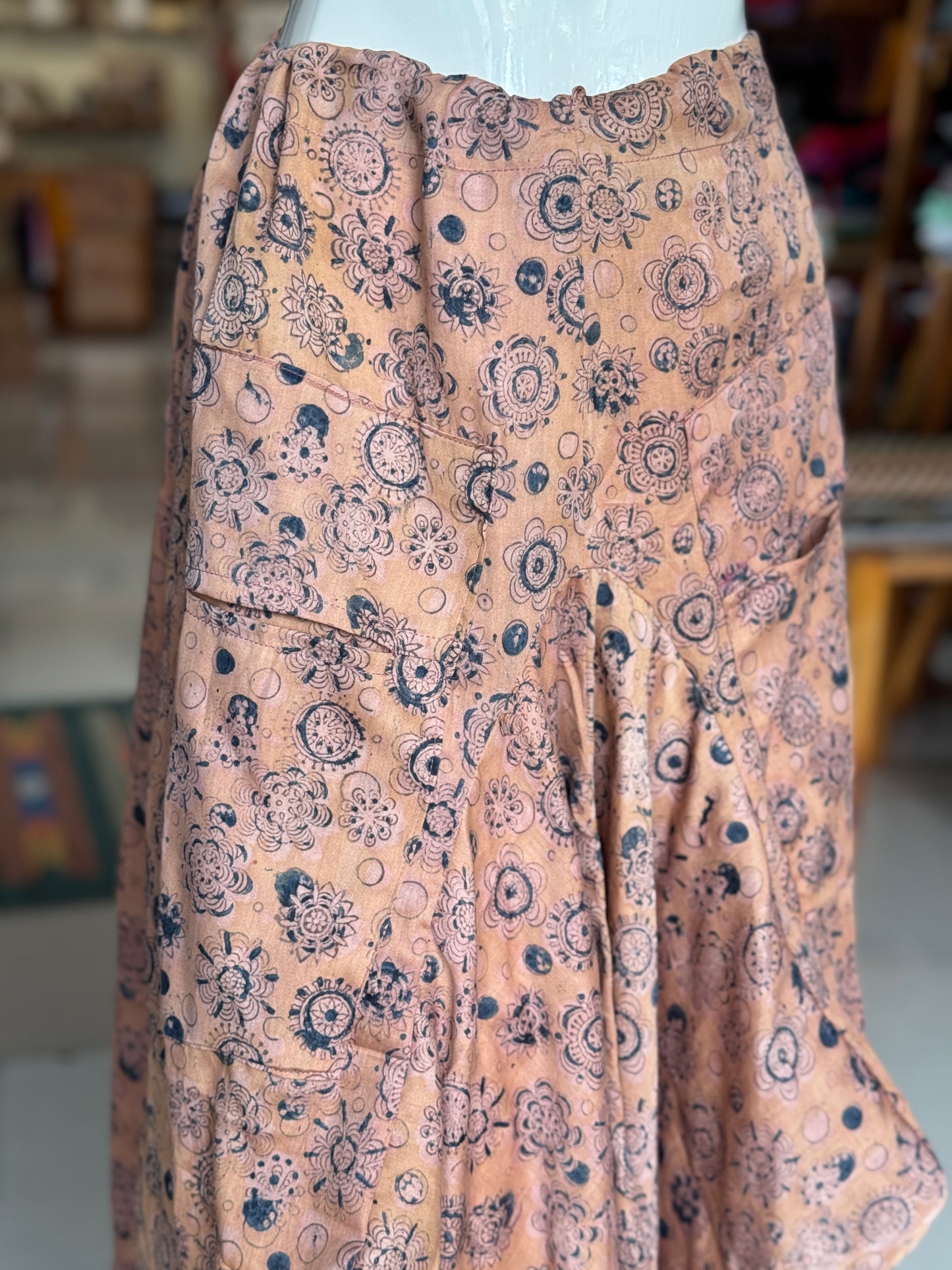Beige with blue floral Kalamkari hand block printed cotton satin designer cowl skirt - with pockets