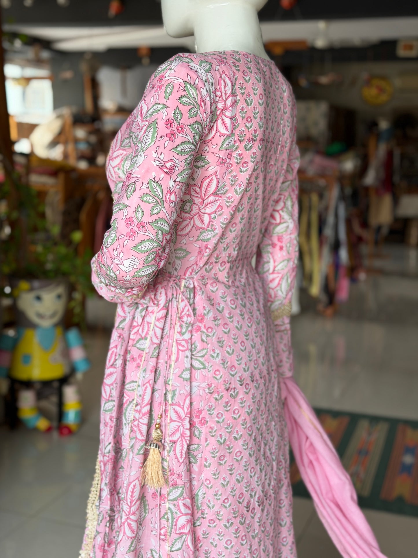 Pink floral hand block print with lace detailing flared kurti, pants and dupatta - 3 piece set