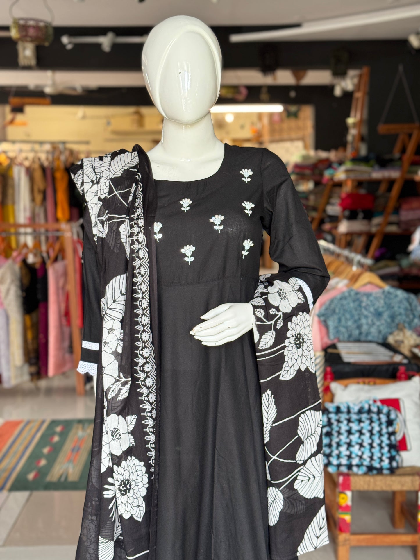 Black floral print dupatta, cotton embroidered flared kurti, straight pants with lace detailing - 3 piece suit set