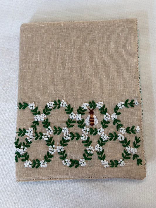 Beige hand embroidered reusable fabric cover / book sleeve with journal notebook inside