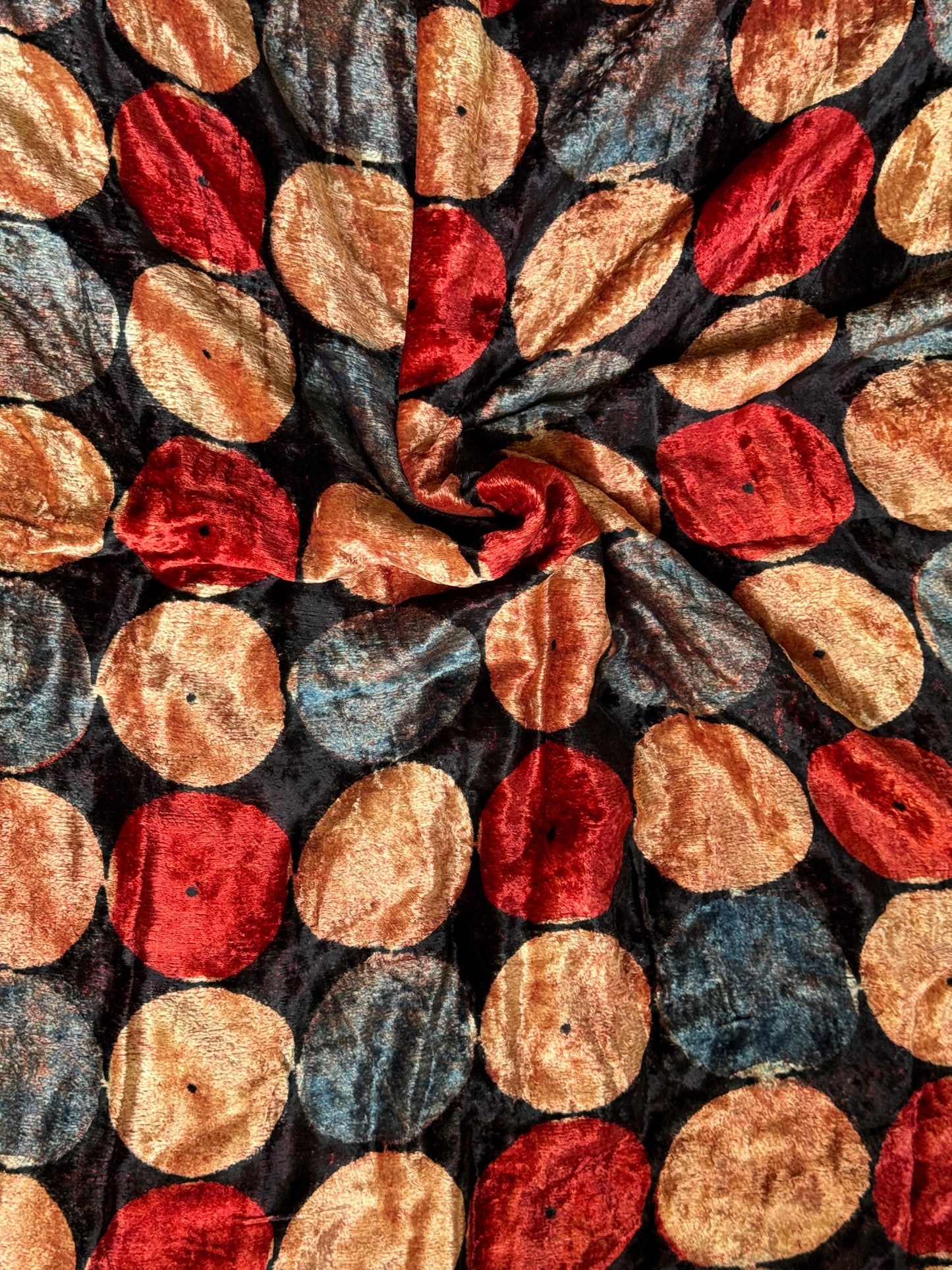 Big maroon and beige circles on black velvet base -  Ajrakh hand block printed fabric