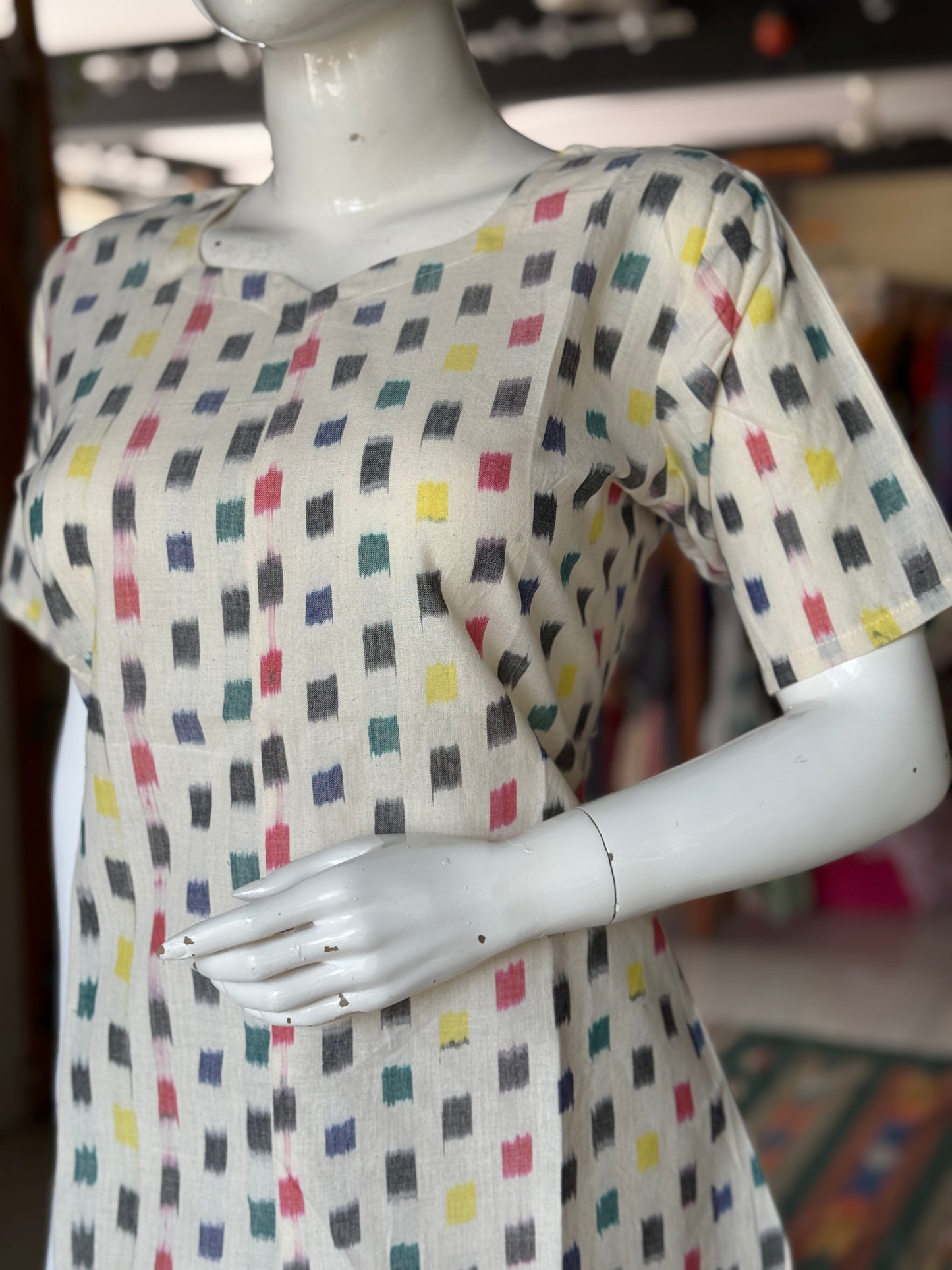 Ikat off white cotton handloom top with colorful rectangle design