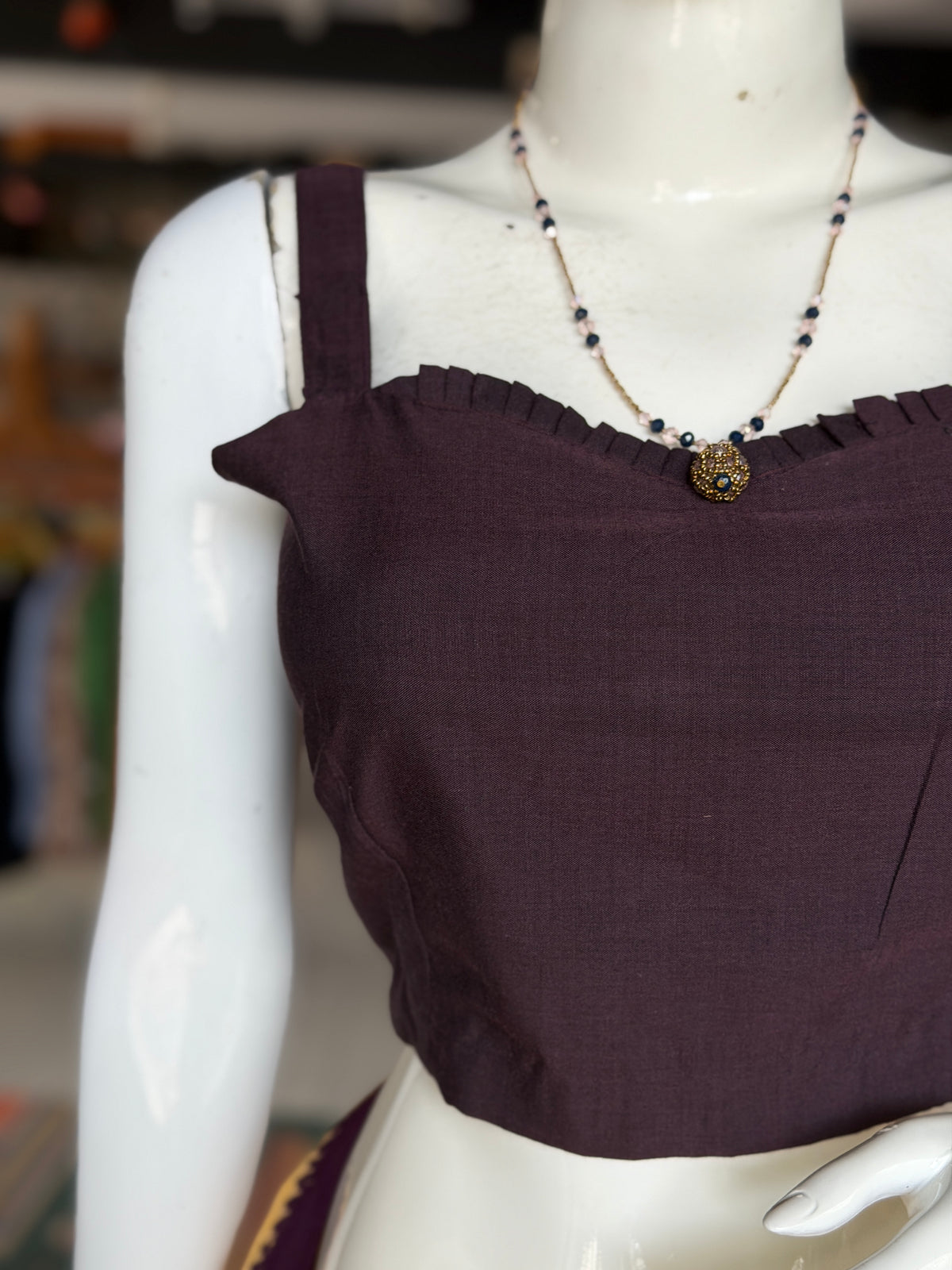 Wine brown hand woven cotton strap sleeves back open blouse