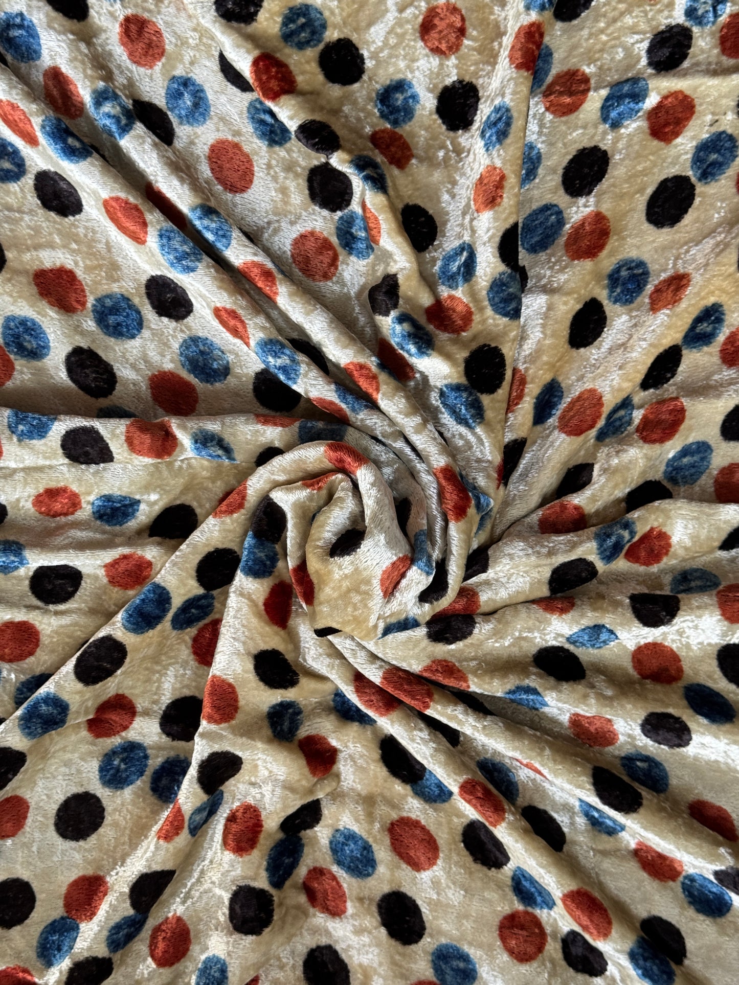 Colorful small circles on cream velvet base -  Ajrakh hand block printed velvet fabric