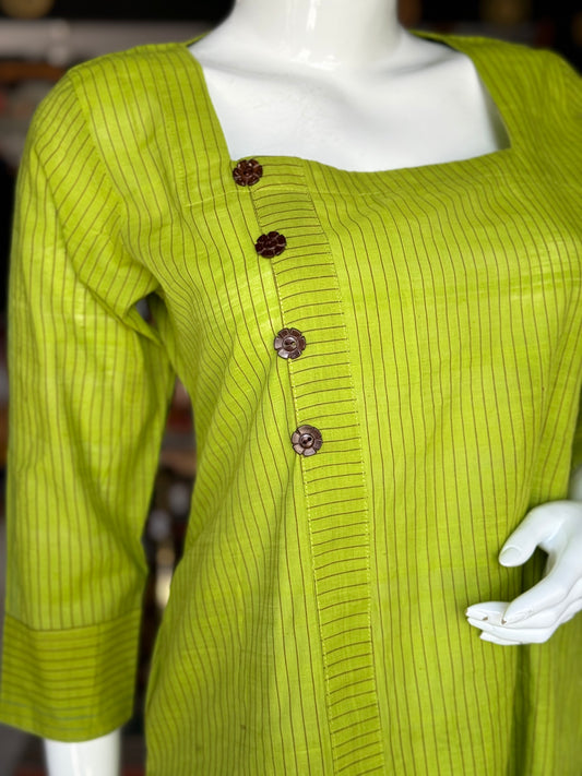 Green striped handwoven cotton straight kurti with handcrafted wooden buttons and long sleeves