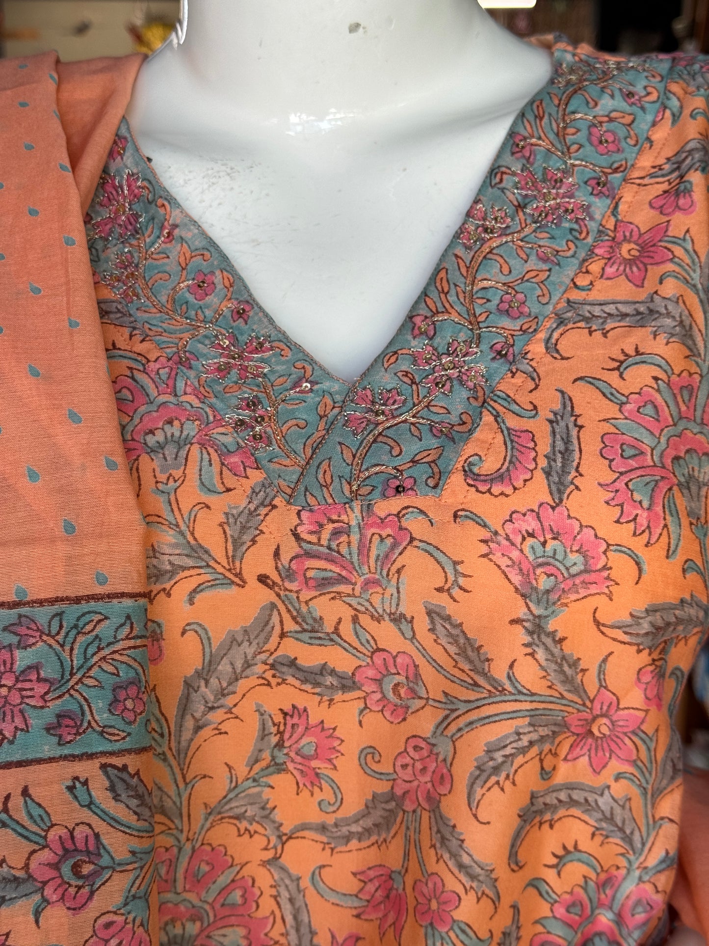 Peachish orange hand block print chanderi hand embroidered straight v-neck kurti, pants and dupatta - 3 piece suit set