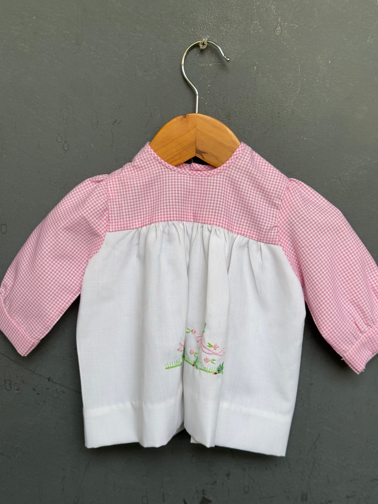 Pink checks with white gathered skirt cotton baby frock with cute embroidery