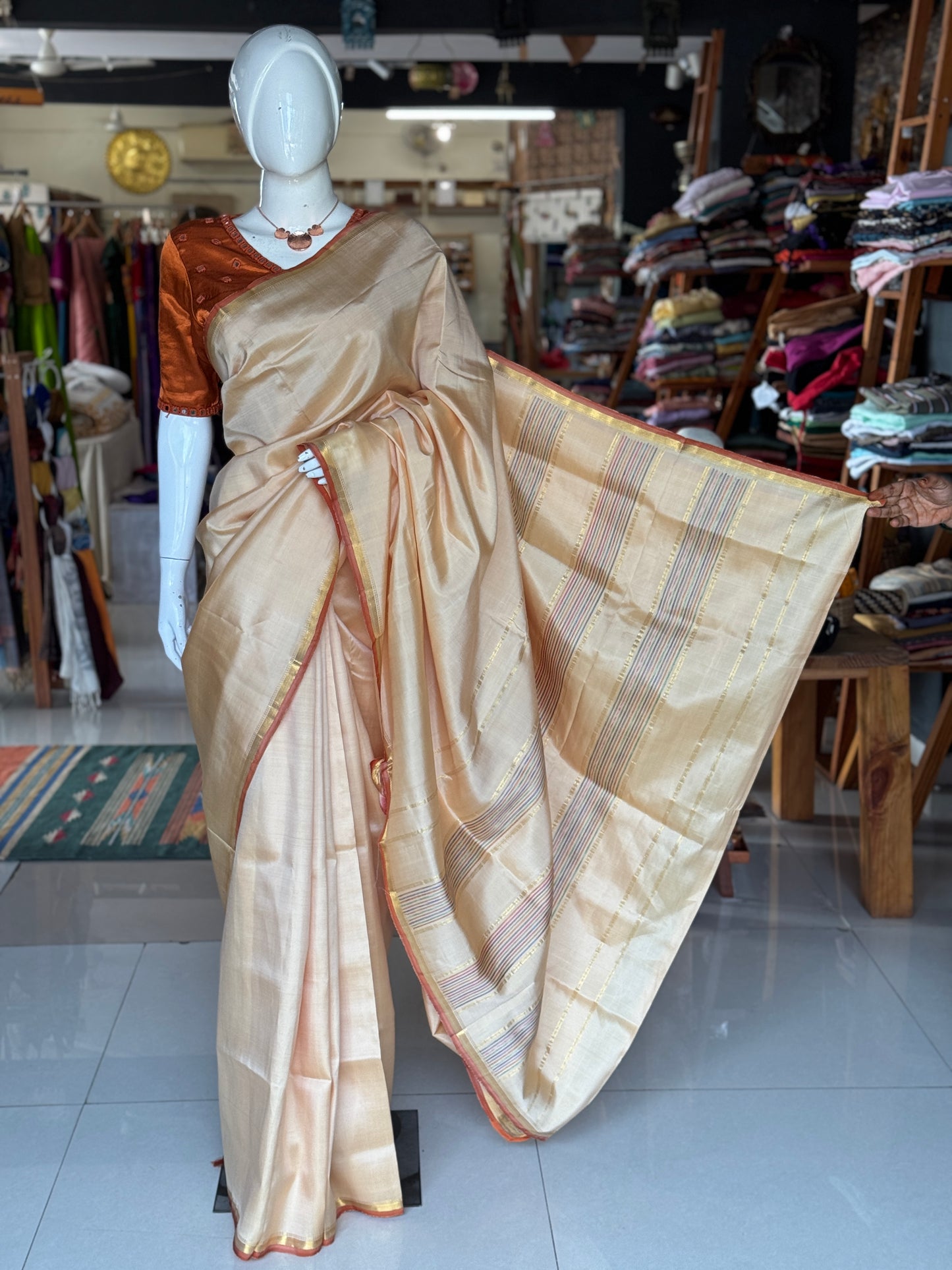 Classy cream pure silk handloom Kumbakonam pattu saree with colorful stripes palla