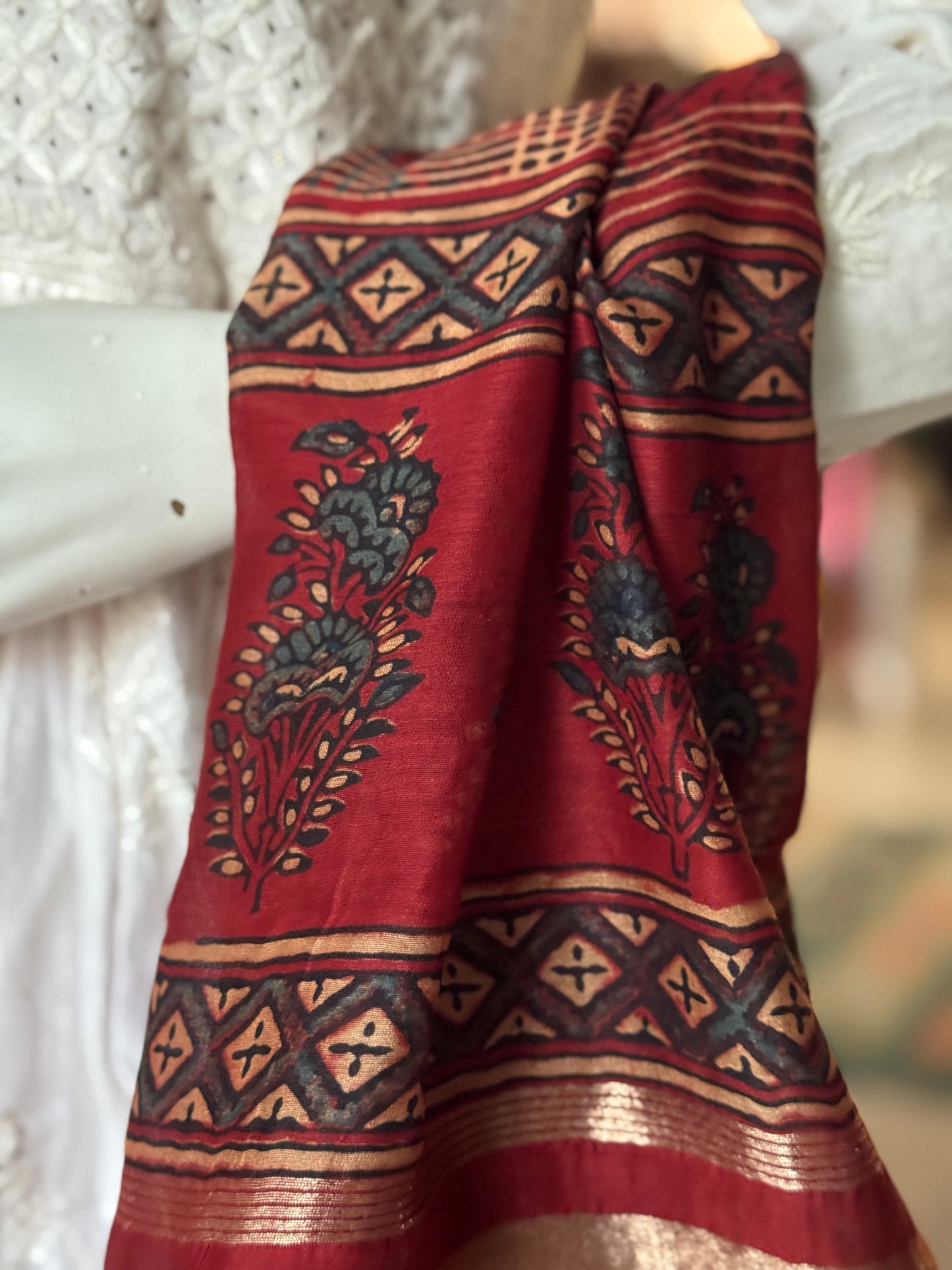 Maroon checkered Ajrakh Chanderi silk cotton dupatta with zari palla