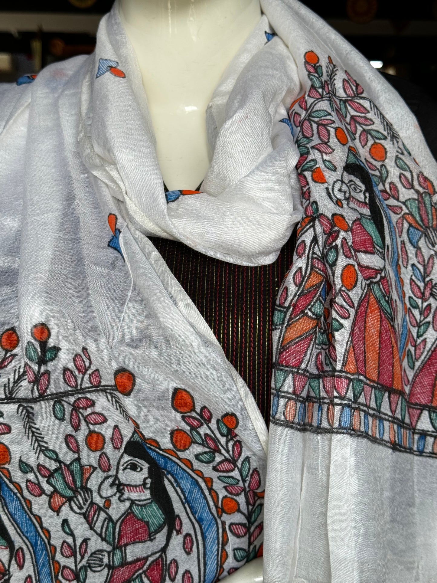 White Madhubani hand painted stole with colorful art work