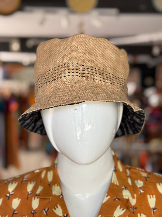 Jute and cotton hand embroidered reversible hat