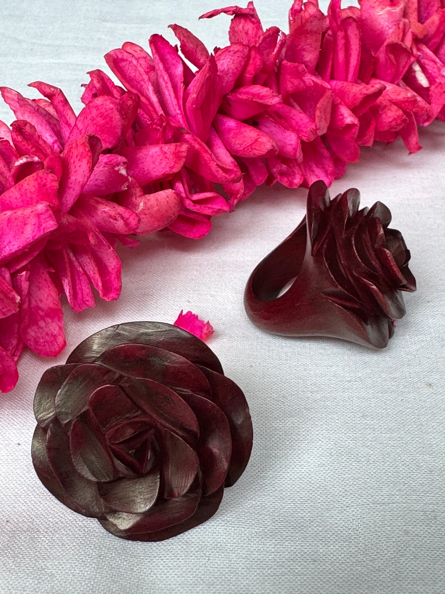 Rose hand carved finger ring in yellow wood - color options available