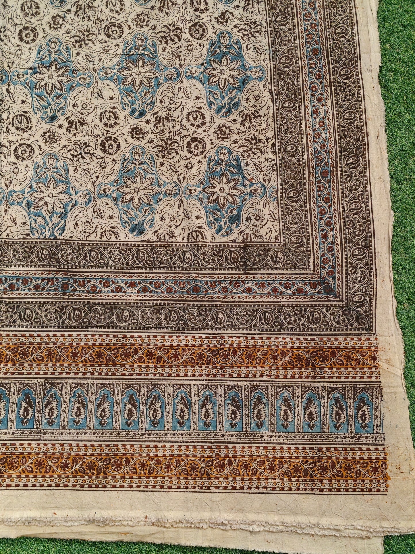 Blue and black design Kalamkari hand block printed cotton king size bedsheet + 2 pillow covers