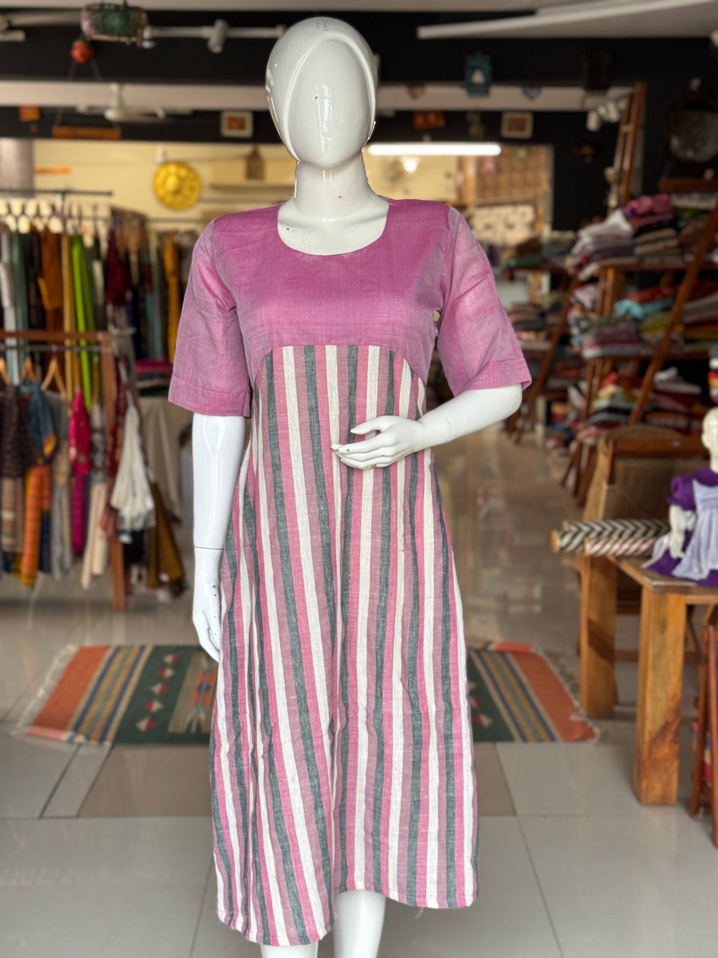 Pink n grey stripes kala cotton handloom dress