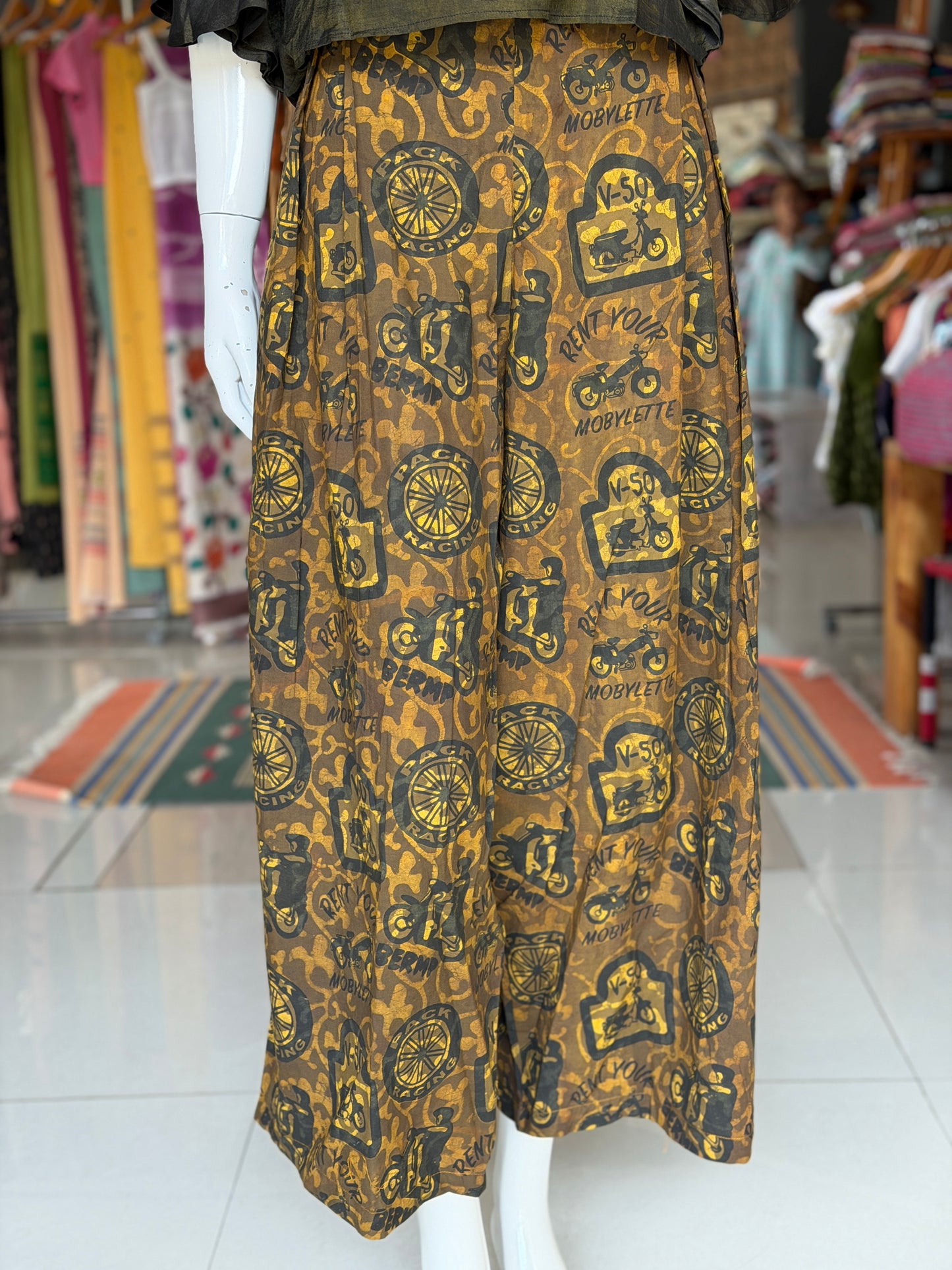 Moss green racing scooters hand block printed cotton barrel pants - double dabu print
